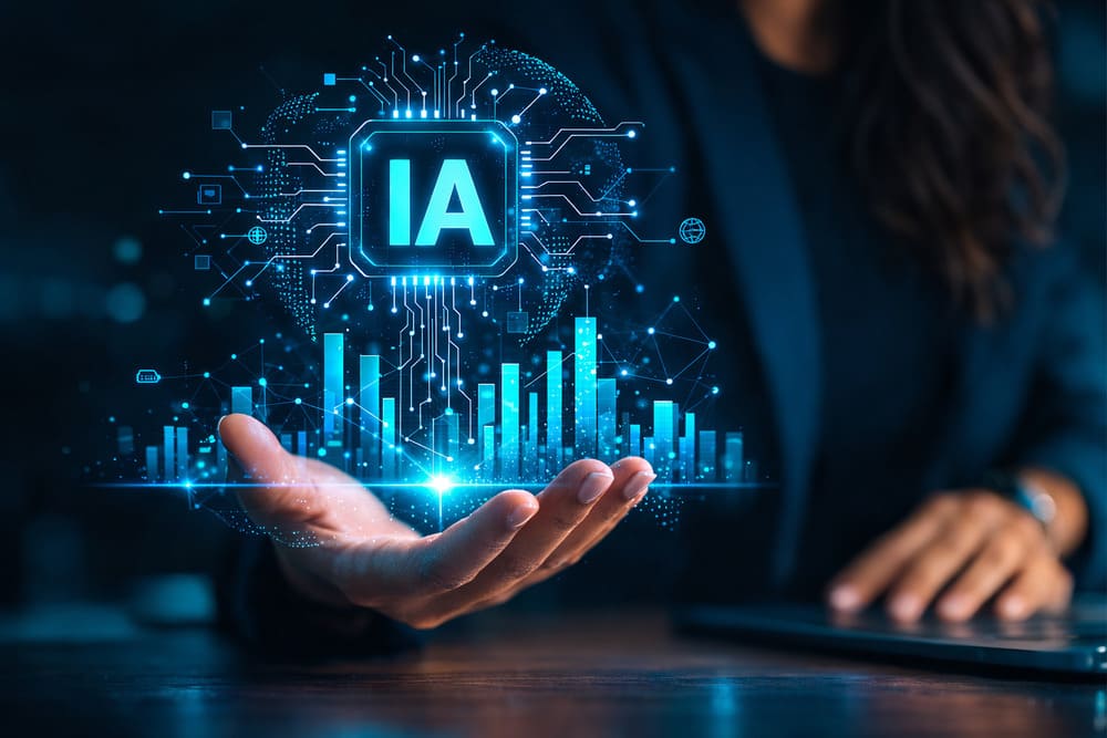 Profissional segurando um holograma digital luminoso com a sigla IA e gráficos de dados, ilustrando o poder da IA no recrutamento.